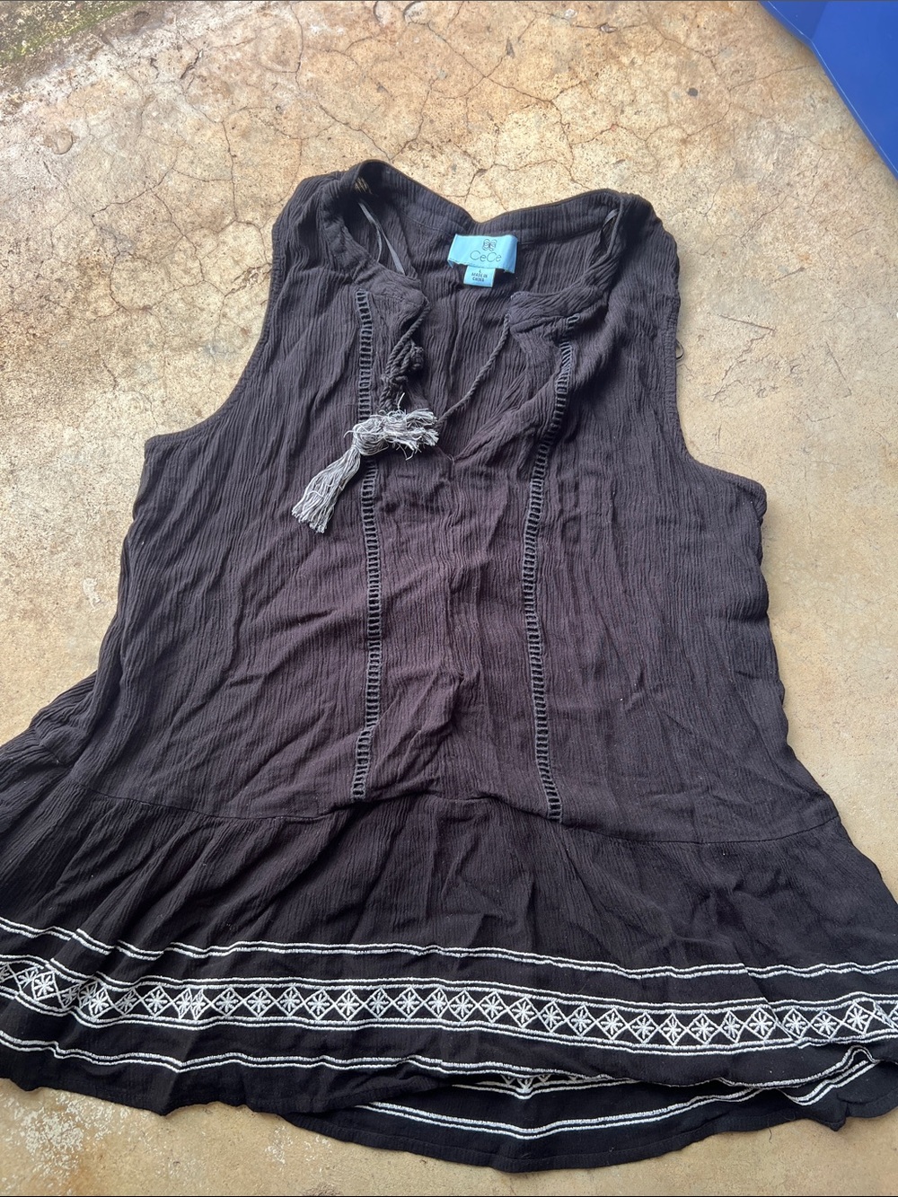 C&C California Black Sleeveless Tassel Peasant Tank with White Embroidery